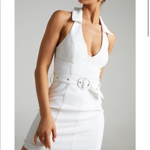 White halter belted mini dress